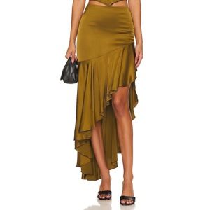 New NBD Amrita Maxi Skirt in Olive Green satin